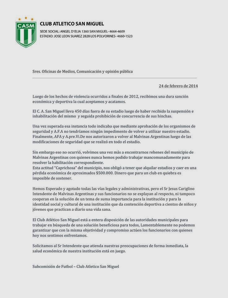Autoridades del club San Miguel se sienten “rehenes del municipio de  Malvinas Argentinas” - El Diario de Malvinas